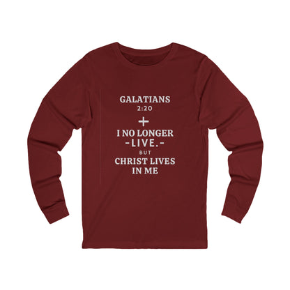 Galatians 2:20 long sleeve t-shirt with cross and scripture text in maroon color