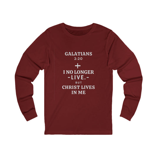 Galatians 2:20 long sleeve t-shirt with cross and scripture text in maroon color