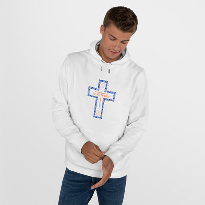 God First Hoodie Sweatshirt with Decorative Cross Design - Blue & Orange Colors