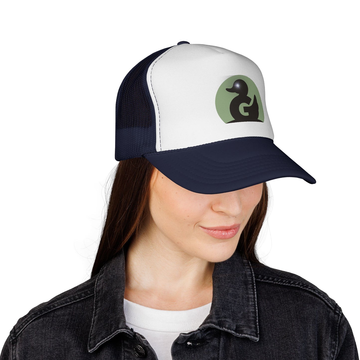 Green Duck Media Trucker Hat - Black & White Logo Cap, with shinny eye
