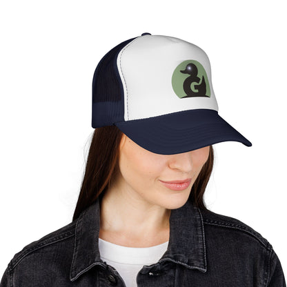 Green Duck Media Trucker Hat - Black & White Logo Cap, with shinny eye