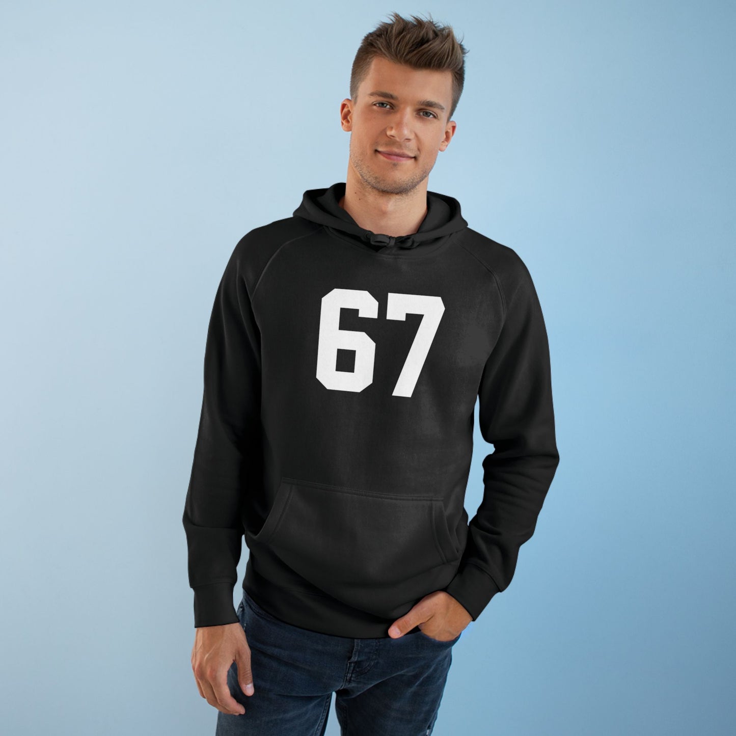 Sudadera unisex con capucha Adult 67 meme – Logotipo icónico en la espalda, ribete negro, detalle brillante en los ojos | Ajuste suave de primera calidad