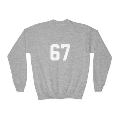White Number 67 Youth Crewneck Sweatshirt, Meme Design
