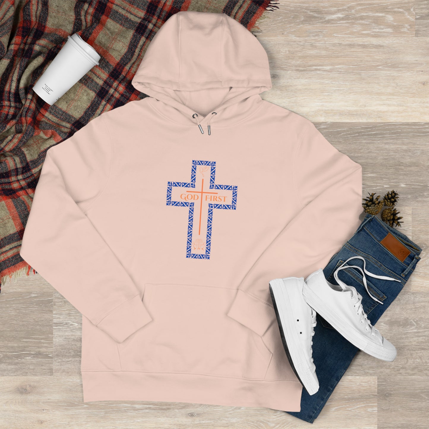 God First Hoodie Sweatshirt with Decorative Cross Design - Blue & Orange Colors