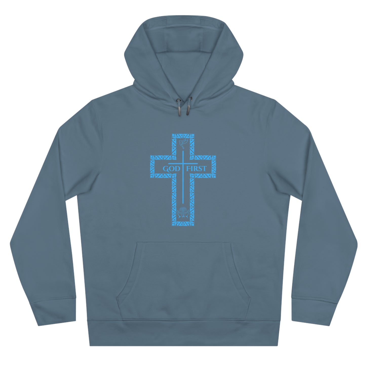 God First Hoodie Sweatshirt with Decorative Cross Design - All Baby Blue Color