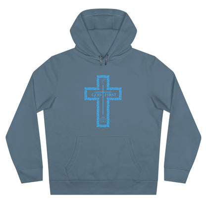 God First Hoodie Sweatshirt with Decorative Cross Design - All Baby Blue Color