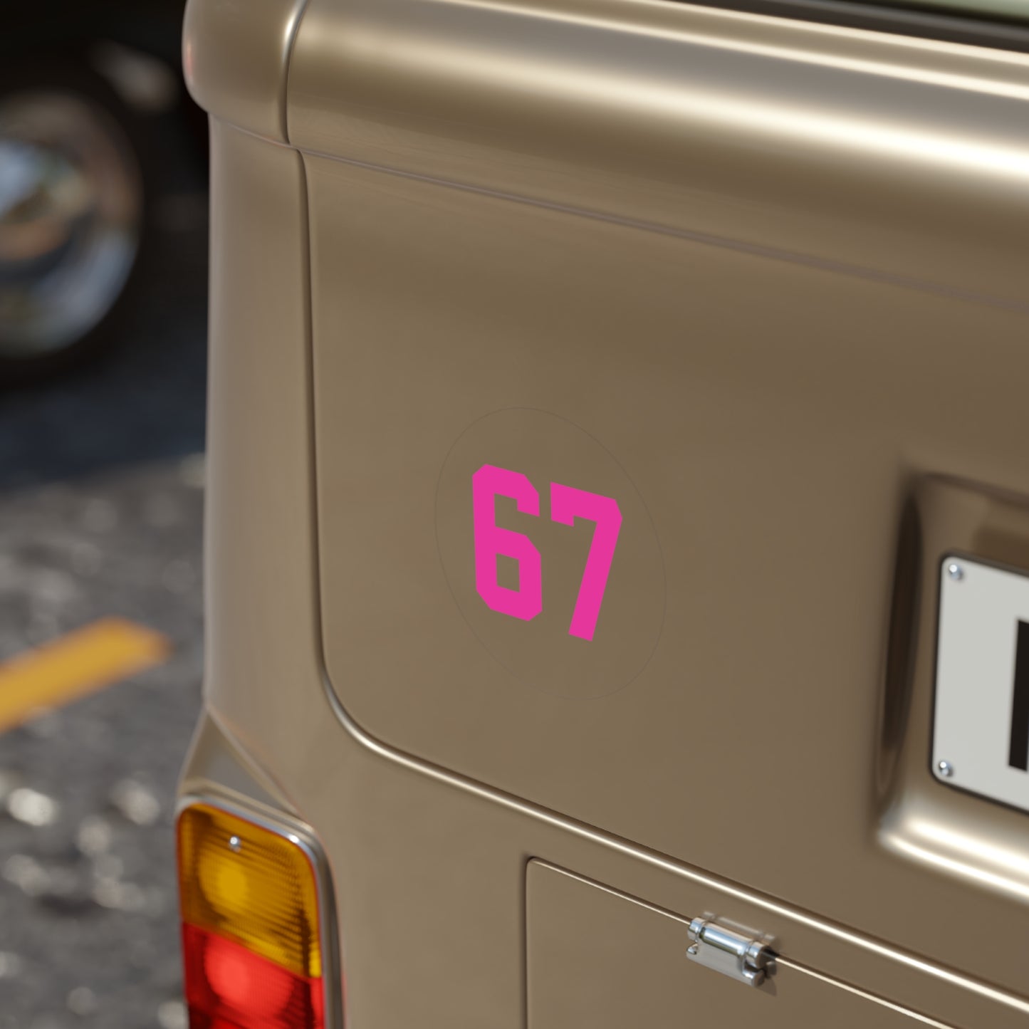 Round Transparent Outdoor Sticker — PINK '67' meme, Number Decal