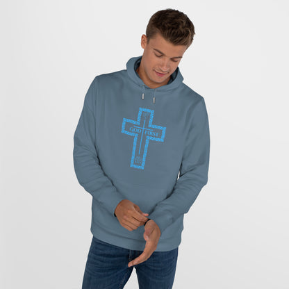 God First Hoodie Sweatshirt with Decorative Cross Design - All Baby Blue Color