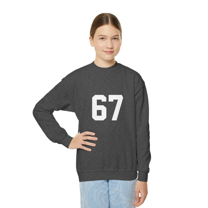 White Number 67 Youth Crewneck Sweatshirt, Meme Design