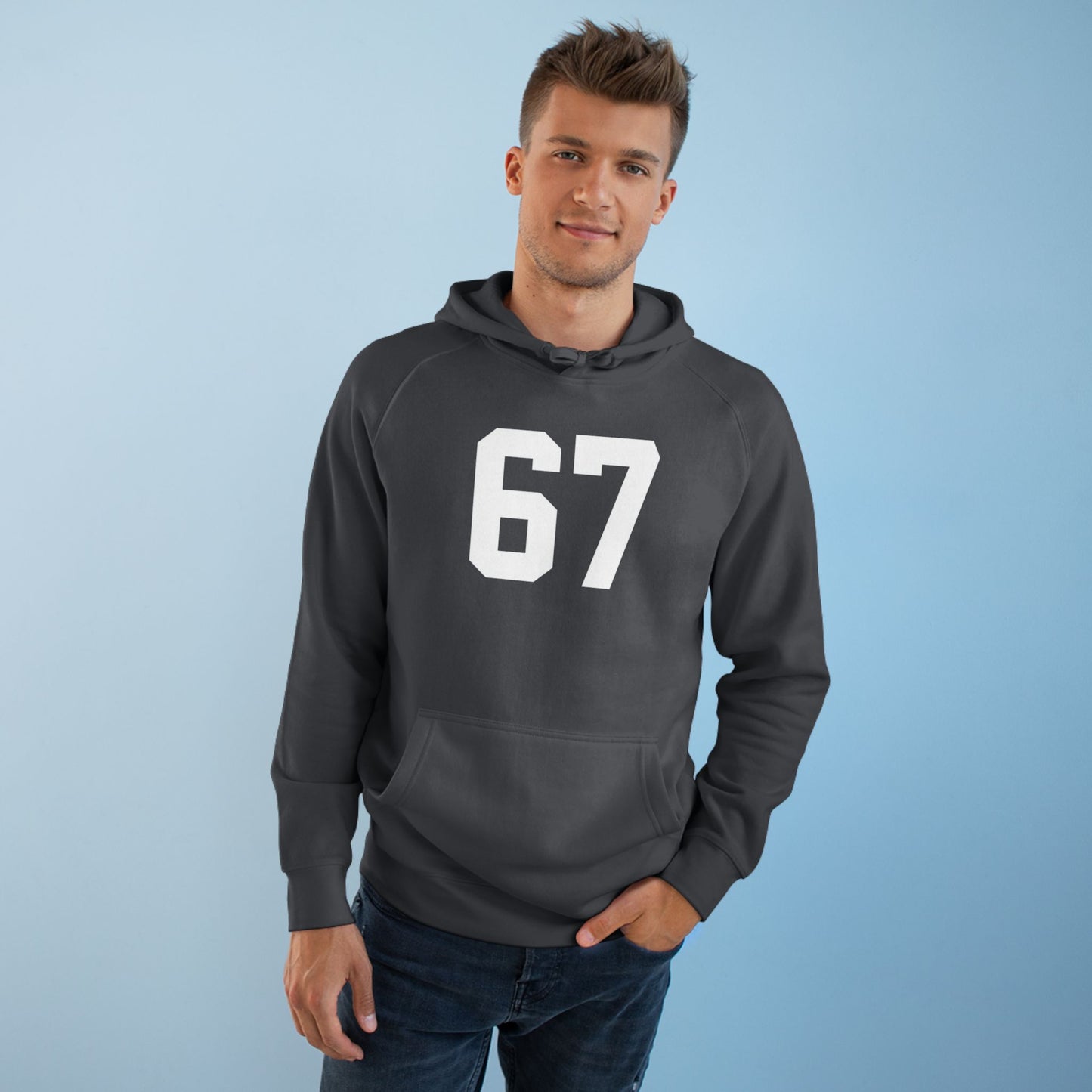Sudadera unisex con capucha Adult 67 meme – Logotipo icónico en la espalda, ribete negro, detalle brillante en los ojos | Ajuste suave de primera calidad