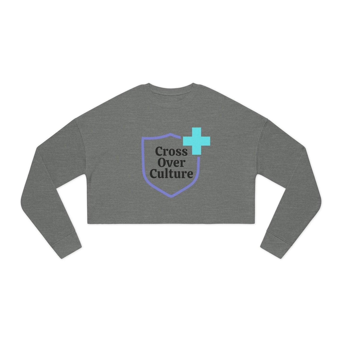 Cross Over Culture cropped long sleeve gray tee with faith statement logo and blue cross design