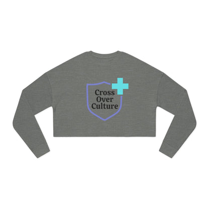 Cross Over Culture cropped long sleeve gray tee with faith statement logo and blue cross design