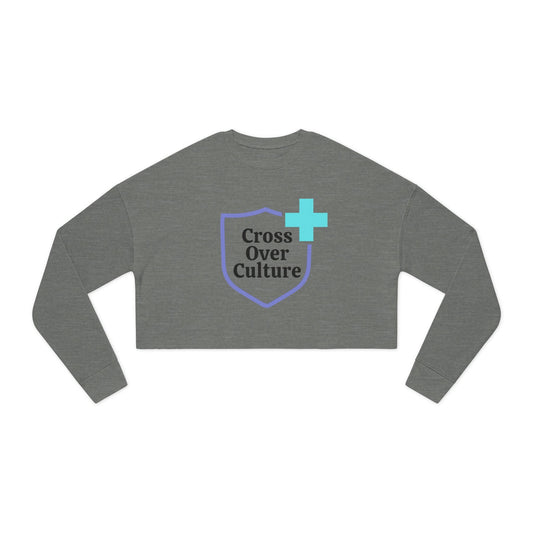 Cross Over Culture cropped long sleeve gray tee with faith statement logo and blue cross design