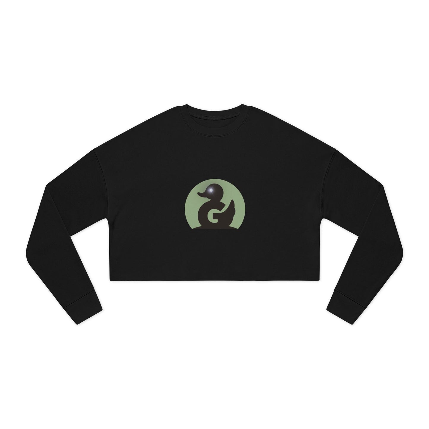 Black cropped crewneck sweatshirt with glowing eye logo duck design and soft fleece material, female fit.