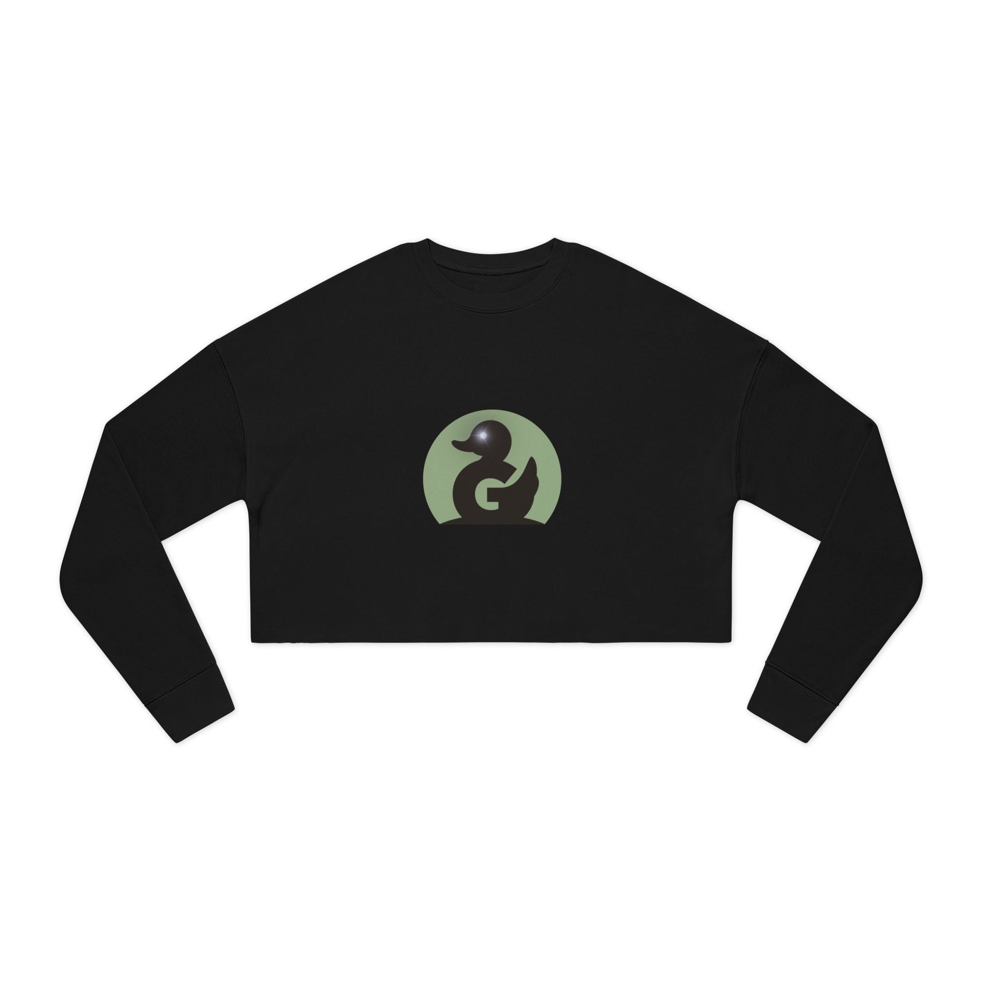 Black cropped crewneck sweatshirt with glowing eye logo duck design and soft fleece material, female fit.