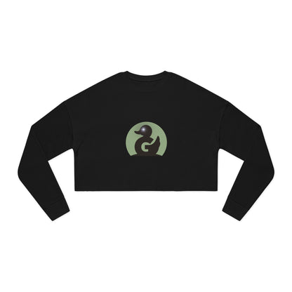 Black cropped crewneck sweatshirt with glowing eye logo duck design and soft fleece material, female fit.