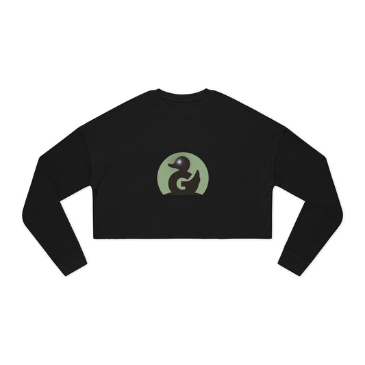 Black cropped crewneck sweatshirt with glowing eye logo duck design and soft fleece material, female fit.