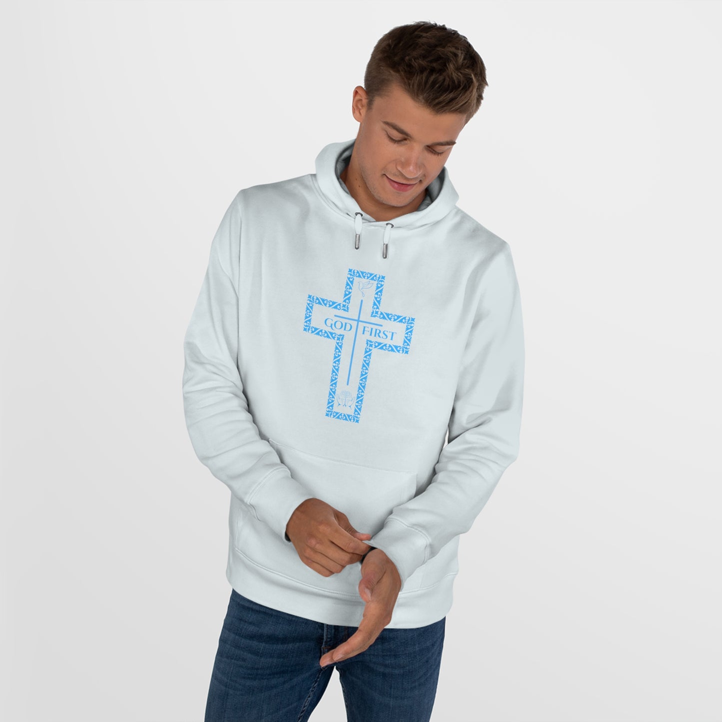 God First Hoodie Sweatshirt with Decorative Cross Design - All Baby Blue Color